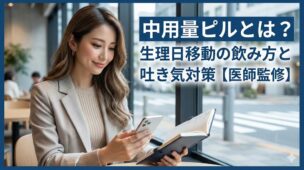 中用量ピルの基礎知識と生理日移動の飲み方、吐き気対策を解説する医師監修記事のアイキャッチ画像。スマートフォンを見ながら手帳を持つ女性の写真。