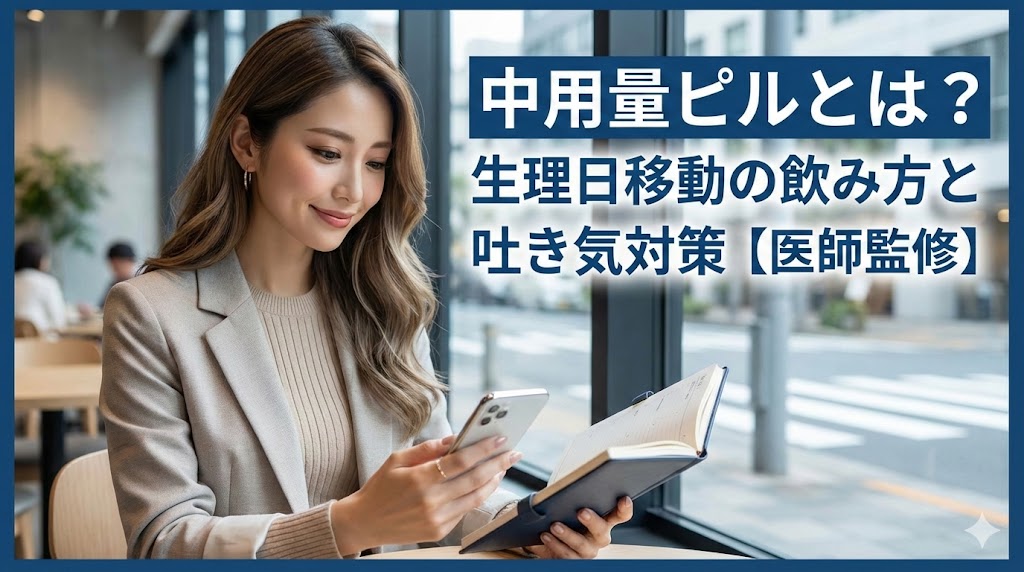 中用量ピルの基礎知識と生理日移動の飲み方、吐き気対策を解説する医師監修記事のアイキャッチ画像。スマートフォンを見ながら手帳を持つ女性の写真。