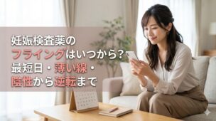 妊娠検査薬のフライング検査を考える女性のイメージ。スマートフォンとカレンダーを見ながら、生理予定日前の検査時期や薄い線、陰性から陽性への逆転を気にする様子。