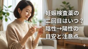 妊娠検査薬の結果を確認する女性。自宅のリビングで検査薬を手に持ち、二回目の判定タイミングに不安と期待を抱いている様子