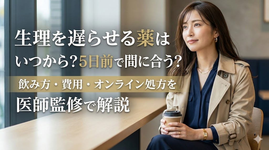 生理を遅らせる薬の解説アイキャッチ画像。カフェでくつろぐ女性の背景に「生理を遅らせる薬はいつから？5日前で間に合う？飲み方・費用・オンライン処方を医師監修で解説」というタイトルテキスト。