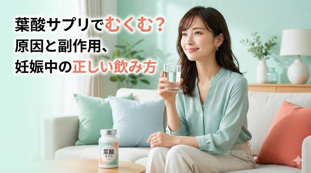 葉酸サプリを飲む妊婦のイメージ写真。葉酸サプリと妊娠中のむくみの関係、正しい飲み方や副作用の有無を解説する記事のアイキャッチ画像。