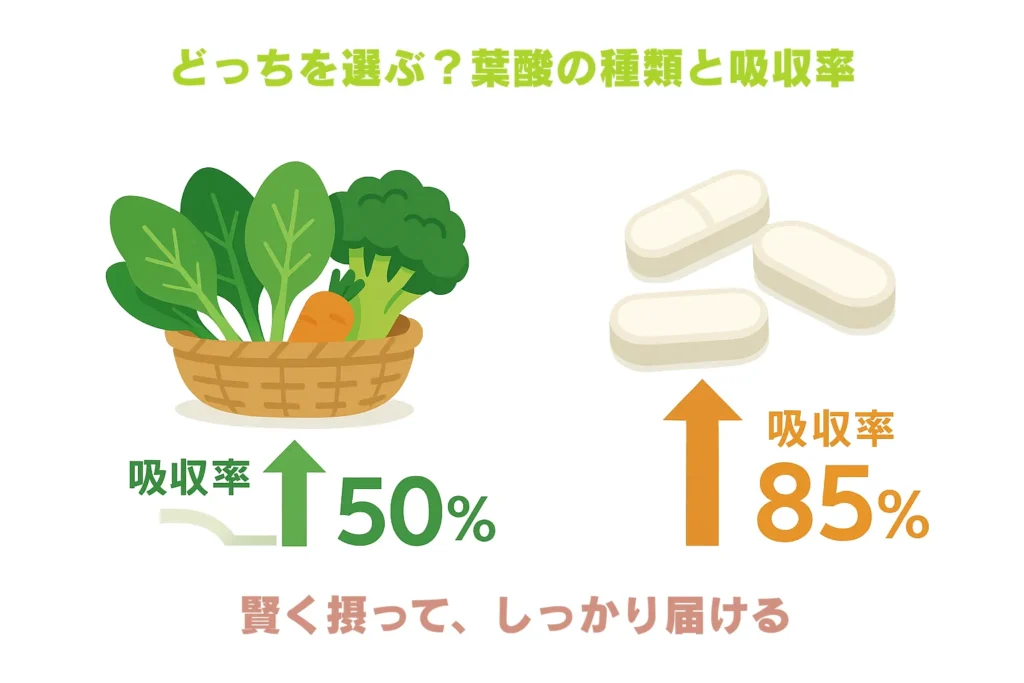 食品由来の葉酸塩とサプリメント由来の葉酸の吸収率の違いを示すイラスト。野菜からの吸収率は約50%、サプリメントからの吸収率は約85%と表示されている。
