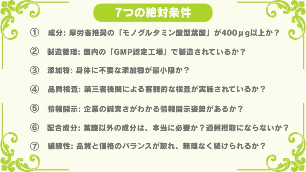後悔しない葉酸サプリ選び、品質の見極めは「7つの絶対条件」