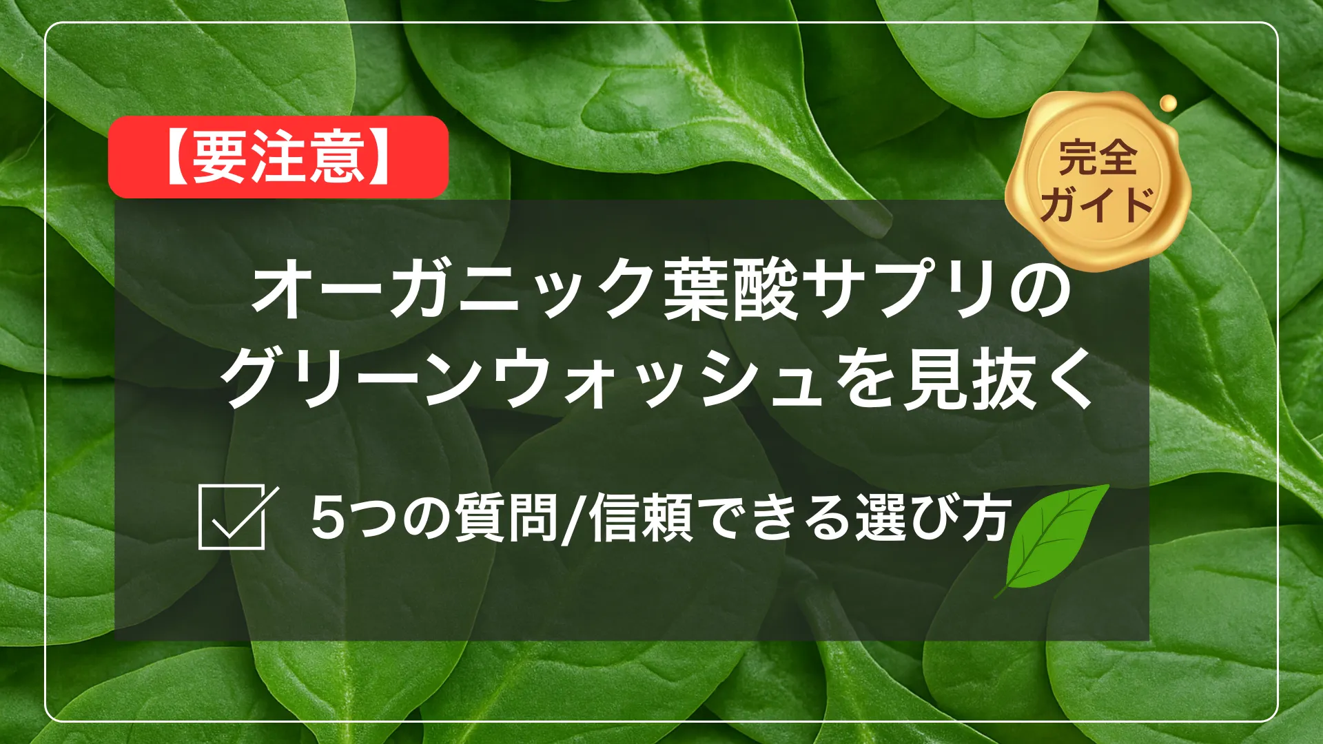 「緑の葉背景に『【要注意】オーガニック葉酸サプリのグリーンウォッシュを見抜く』と大見出し。5つの質問で選び方を示すアイキャッチ」