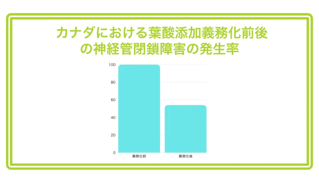 「緑枠内にタイトル『カナダにおける葉酸添加義務化前後の神経管閉鎖障害の発生率』と、水色棒で義務化前100・義務化後約50を示した比較グラフ」