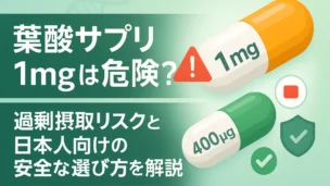 「『葉酸サプリ1mgは危険？』の見出しと警告マーク、1 mgカプセルと400 µgカプセルを対比したデザイン」