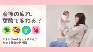 「左に『産後の疲れ、葉酸で変わる？』の見出しと栄養アイコン、右に赤ちゃんを高く抱き上げて笑う母親の写真を並べたデザイン」